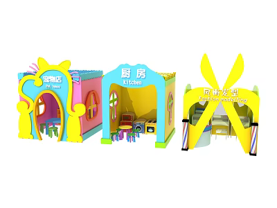 Colorful Kids Playhouses With Kitchen Store And Science Lab Themed Areas 3d model