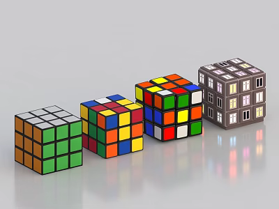 Assorted Rubik's Cubes With Colorful Faces And Detailed House Pattern Design 3d model