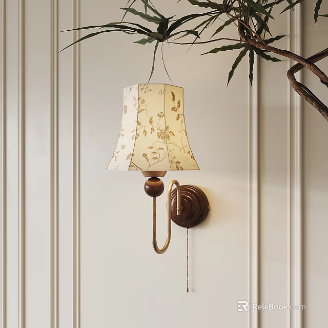 Beige Floral Wall Lamp With Wooden Base On White Vertical Striped Wall Near Green Plant 3d model 
