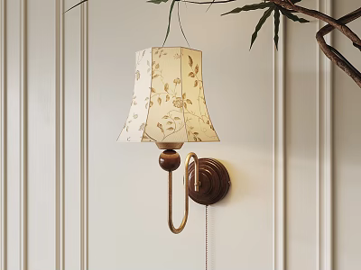 Beige Floral Wall Lamp With Wooden Base On White Vertical Striped Wall Near Green Plant 3d model