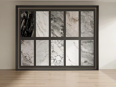 Black Framed Landscape Painting Featuring Multiple Marble Texture Squares On Light Wall Wooden Floor 3d model