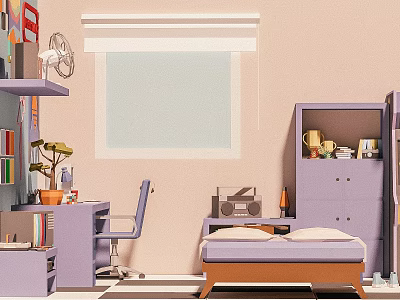 Cartoon Room Scene With Purple Desk Chair Bookshelf Bed Window Fan And Potted Plant 3d model