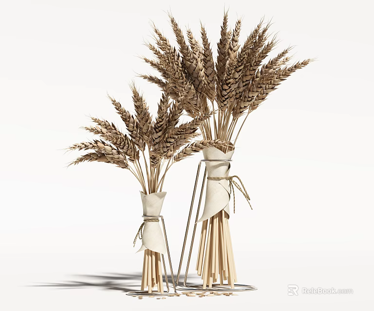 Two Rustic Vases With Wheat Bouquets Tied By Rope For Natural Home Decor 3d model 