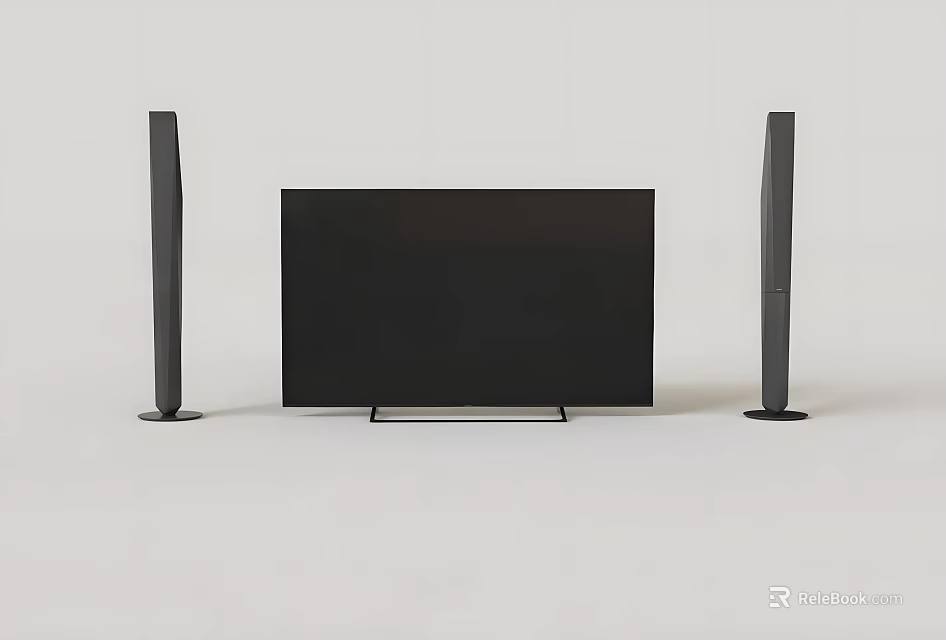 Sleek Black Television Setup With Tall Speakers On Both Sides And Simple White Background 3d model 