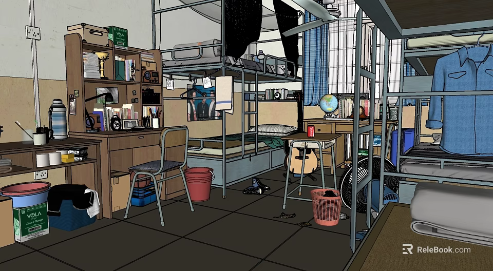 School Dormitory Interior With Bunk Beds Desk Chair Bookshelf And Guitar 3d model 