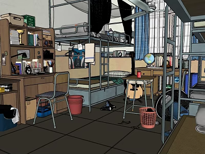 School Dormitory Interior With Bunk Beds Desk Chair Bookshelf And Guitar 3d model