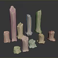 White Candles With Various Shapes And Sizes On Black Reflective Surface 3d model