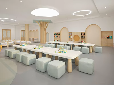 Bright Kindergarten Interior with Long Tables Stools Tree Shaped Decor Bookshelves and Round Ceiling Lights 3d model