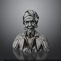 Detailed Elderly Man Portrait Bust Sculpture With Turban And Striped Shirt