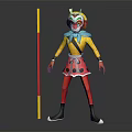 Monkey King Character With Colorful Face Paint Yellow Top Blue Scarf And Red Yellow Staff