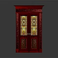 Red Double Door Furniture with Stained Glass Panels and Intricate Carved Details