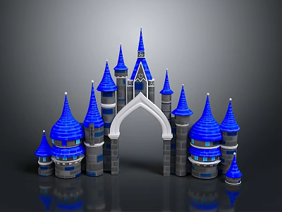 Fairy Tale Castle Scenery With Blue Spires Arched Gateway And Gray Stone Reflections 3d model
