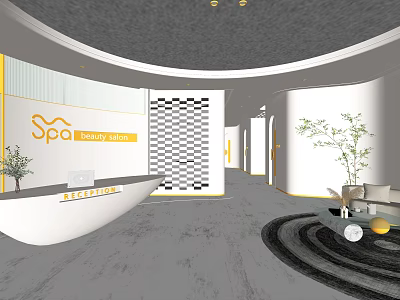 Modern Spa Beauty Salon Interior With Reception Desk Checkerboard Wall And Green Plant 3d model