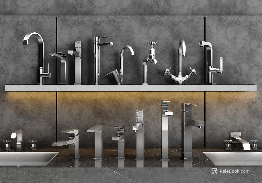 Various Stylish Faucet Designs Showcased On Shelf With Gray Wall Background 3d model 