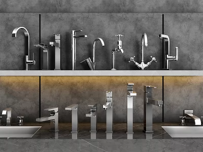 Various Stylish Faucet Designs Showcased On Shelf With Gray Wall Background 3d model