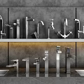 Various Stylish Faucet Designs Showcased On Shelf With Gray Wall Background