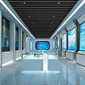 Modern Tech Exhibition Hall With Multiple Large Blue Screens Glass Display Cases And White Walls