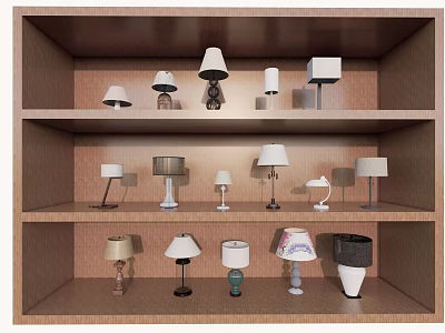 Different Styles Table Lamps Arranged on Three Tier Wooden Shelf 3d model
