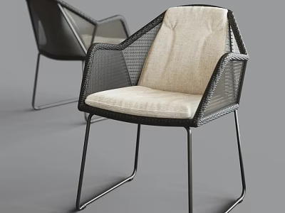 Modern Woven Armchair With Beige Cushion And Black Metal Frame 3d model