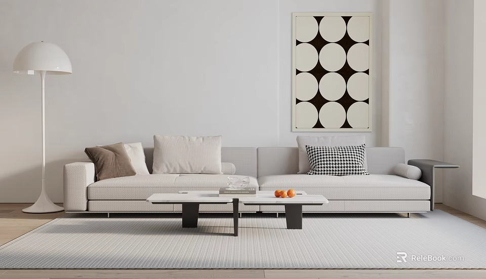 Light Sectional Sofa With Pillows Coffee Table Oranges Circular Pattern Wall Art Modern Living Room 3d model 