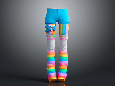 Colorful Blue Shorts Paired With Rainbow Striped Stockings And Blue Bow Detail 3d model