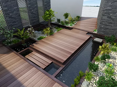 Tranquil Garden Landscape With Wooden Deck Water Feature Green Plants Stone Walls And Lattice Panels 3d model