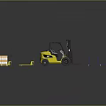 Industrial Logistics Equipment Featuring Yellow Forklift Pallet Truck Blue Hand Truck And Orange Crate