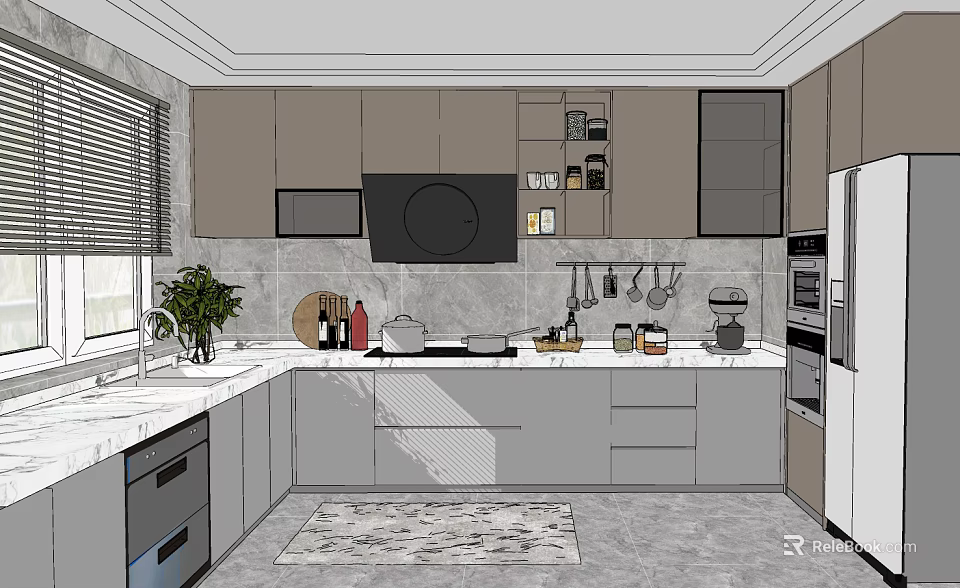 Modern Kitchen Interior With Cabinets Countertop Appliances Hanging Utensils And Potted Plant 3d model 