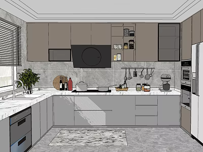 Modern Kitchen Interior With Cabinets Countertop Appliances Hanging Utensils And Potted Plant 3d model