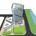 Modern High Rise Office Building with Glass Facade Podium and Landscaped Surroundings