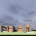 Modern Stone Building Exterior With Wooden Lattice Entryway Steps And Grass Lawn