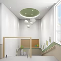 Bright Children's Activity Space With Gray Staircase Wall Paintings Green Plants And Wooden Rocking Horse