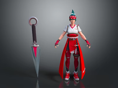 Game Movie Character In White Top Red Skirt With Green Red Headwear And Ringed Blade 3d model