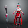 Game Movie Character In White Top Red Skirt With Green Red Headwear And Ringed Blade
