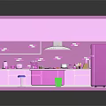 Cartoon Kitchen Scene With Pink Cabinets Fridge Island Counter Stools And Checkered Floor