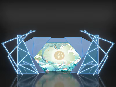 Modern Geometric Neon Frame With Traditional Chinese Moon And Cloud Design 3d model