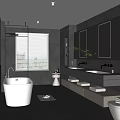 Modern Gray Bathroom With Freestanding Bathtub Double Sinks Large Mirror Plant Blinds And Open Storage