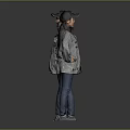 Woman Posing in Grey Striped Jacket Black Cap and Blue Jeans Front Back View