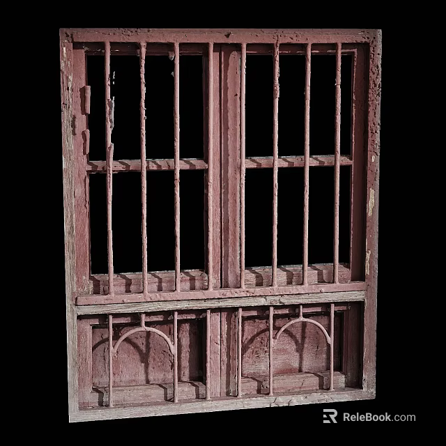 Antique Rusted Window Featuring Iron Bars And Weathered Wooden Frame Details 3d model 