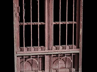 Antique Rusted Window Featuring Iron Bars And Weathered Wooden Frame Details 3d model