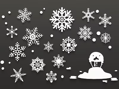 Various White Snowflakes and Snowman Design Elements with Small Dots on Black Background 3d model