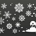 Various White Snowflakes and Snowman Design Elements with Small Dots on Black Background 3d model