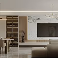 Modern Living and Dining Room Interior with Light Sofa Dining Table and Pendant Lights 3d model