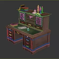 Mahogany Wooden Desk With Green Writing Top And Drawers Featuring Books Candles And Ink Bottle