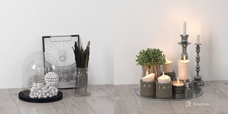 Ornamental Decor Combination With Picture Frame Feather Vase Candles Trays And Greenery 3d model 
