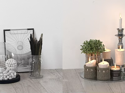 Ornamental Decor Combination With Picture Frame Feather Vase Candles Trays And Greenery 3d model