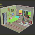 Cozy Bedroom Interior with Green Walls Bookshelf Blue Bed Desk and Window Curtains