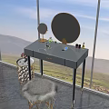 Modern Gray Dressing Table with Round Gold Mirrors Makeup Accessories and Fur Stool