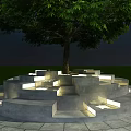 Circular Landscape Seating Around Tree With Stone Pavement Lighting And Grass Pathway 3d model