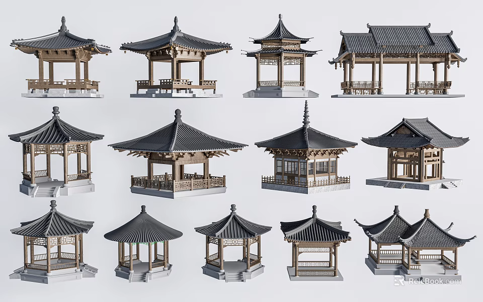 Traditional Chinese Pavilion Models With Diverse Roof Styles And Wooden Architectural Structures 3d model 